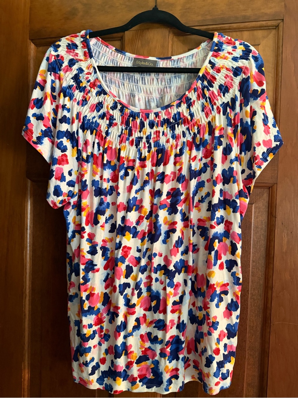 Style & Co Women XL Multicolor Abstract Print Smocked Short Sleeve Top